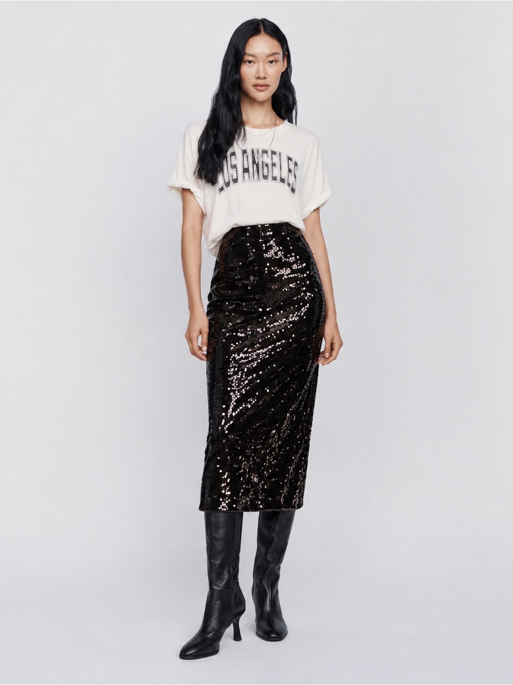 NWT Antonio Melani Metallic Silver Sequin Midi Skirt Black Disco Glam Sz 4